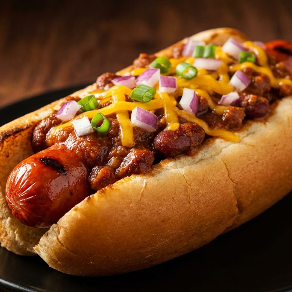Chili cheese hot dog topped with beans, melted cheddar, diced red onion, and green onions on a black plate.