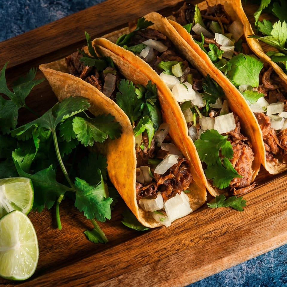 Three crispy tacos filled with shredded meat, diced onions, and cilantro on a wooden serving board with lime wedges.