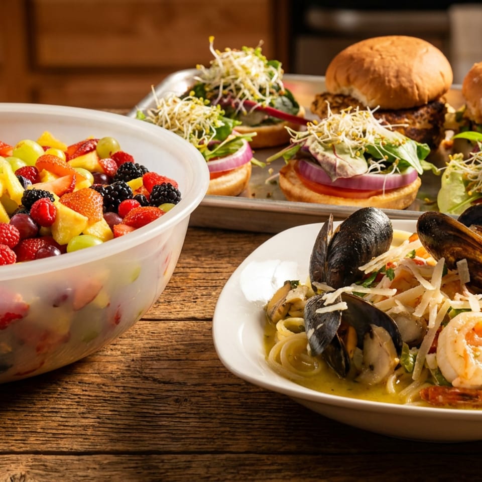 Bowl of colorful fruit salad, seafood pasta with mussels and shrimp, and vegetable-topped burgers on a wooden table.