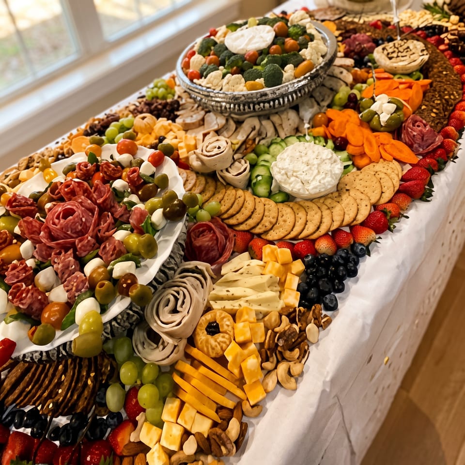 Elaborate grazing table featuring cured meats, cheeses, crackers, dips, olives, fruits, vegetables, and nuts.