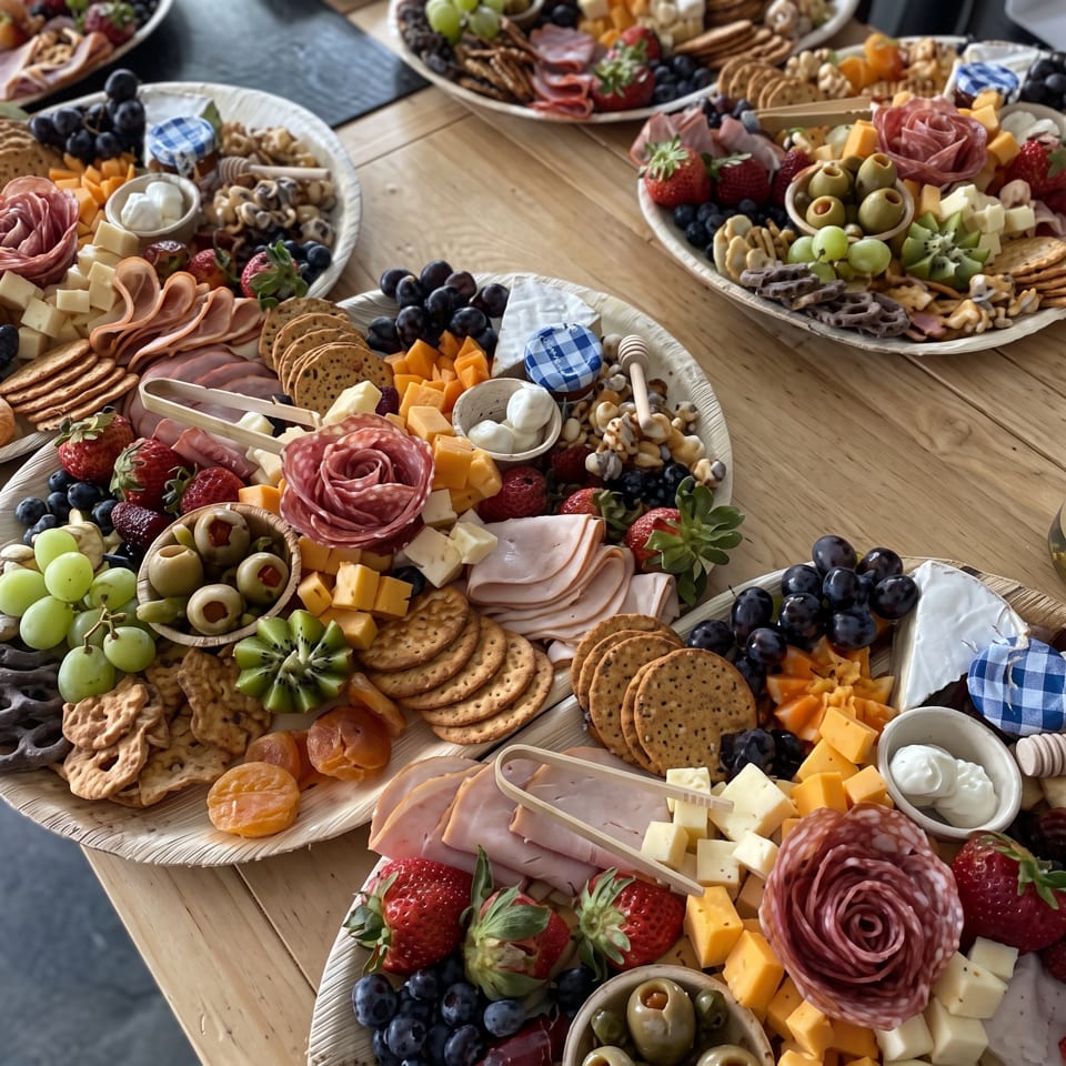 Several charcuterie boards display sliced meats, cheeses, crackers, olives, berries, grapes, and decorative salami roses on a wooden table.