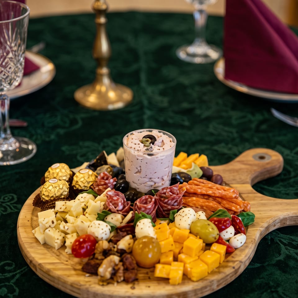 Charcuterie board with cheeses, meats, vegetables, olives, and dip sits on a candlelit table with crystal glasses.