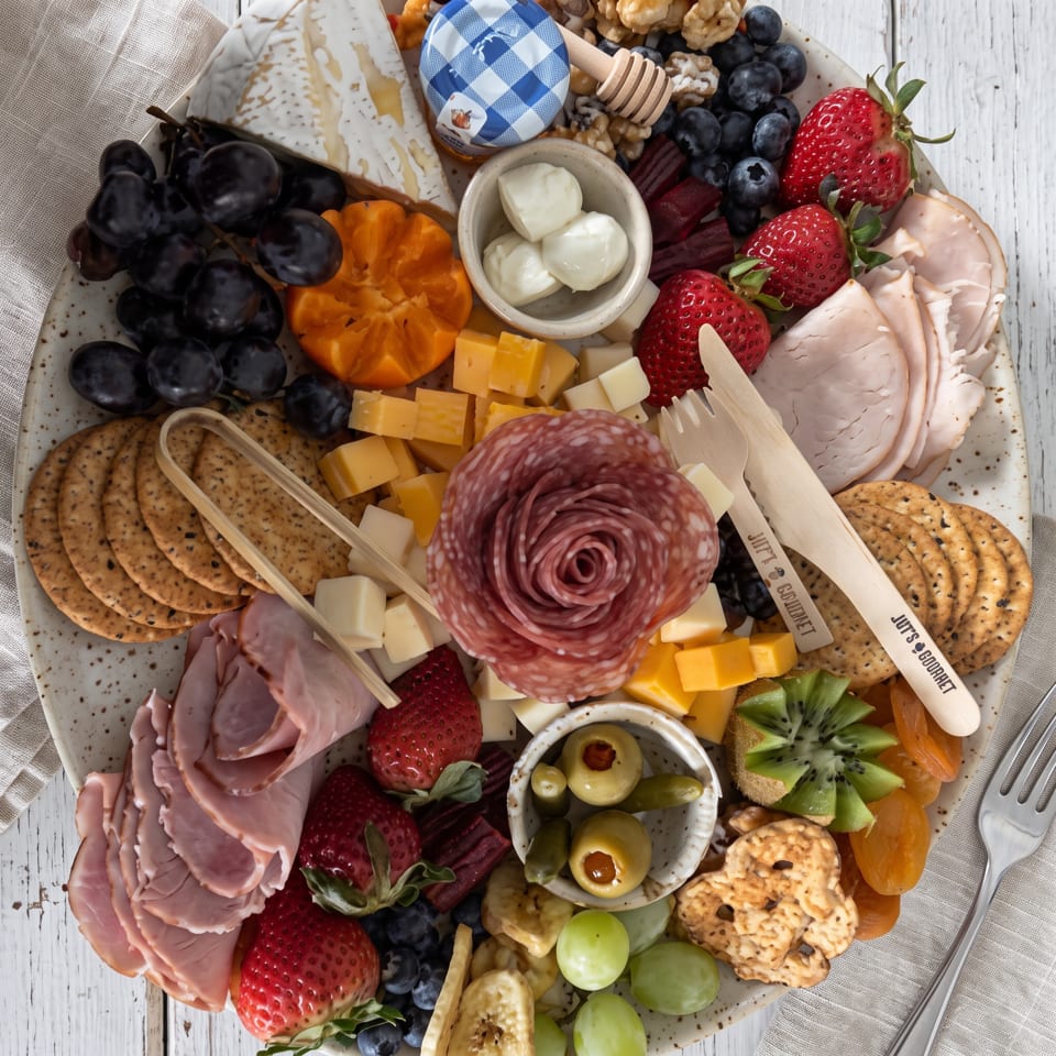 Overhead view of a charcuterie board with cheeses, sliced meats, crackers, grapes, berries, strawberries, olives, kiwi, and honey.