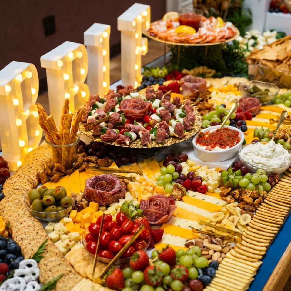 Abundant charcuterie and dessert grazing table with cheeses, cured meats, fruit, crackers, dips, and illuminated marquee letters.
