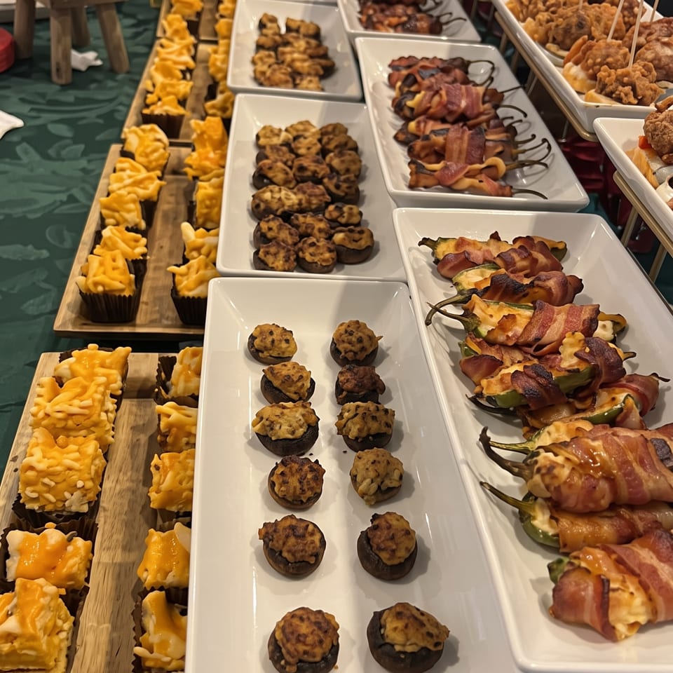 Buffet table displaying cheese-topped savory cupcakes, bacon-wrapped appetizers, skewered fried bites, and assorted pastries.