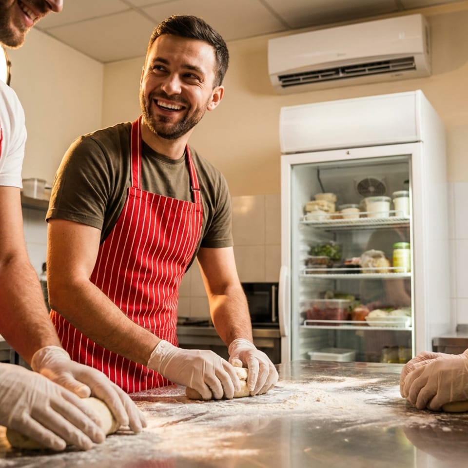 Three smiling restaurant workers in red striped aprons knead dough on a flour-dusted kitchen counter.