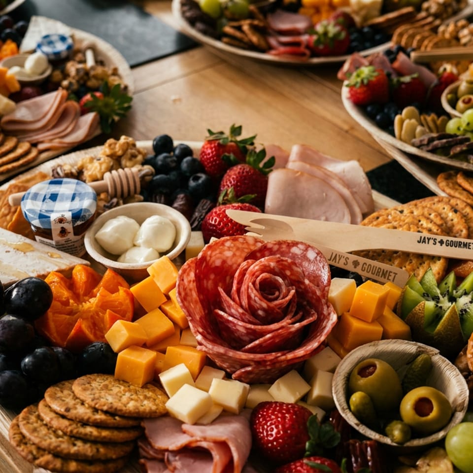Artisanal charcuterie boards arranged on a wooden table with cheeses, cured meats, fruit, olives, crackers, and pretzels.