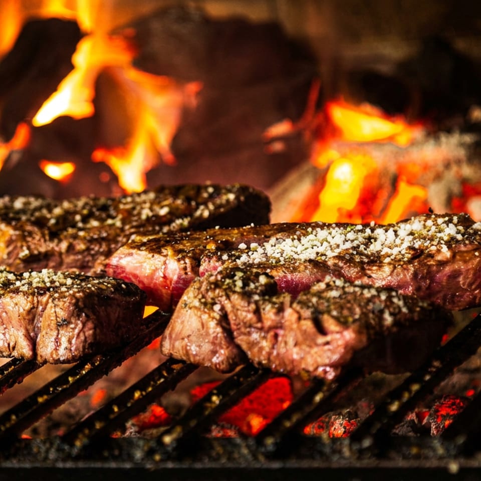 Four seasoned steaks grilling over glowing coals and open flames on a restaurant barbecue grate.