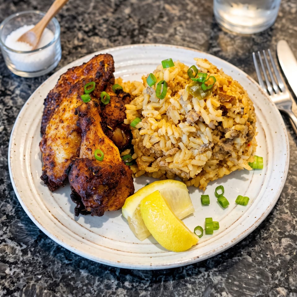 Grilled chicken with seasoned rice, green onions, lemon wedges, and creamy sauce on a white plate.